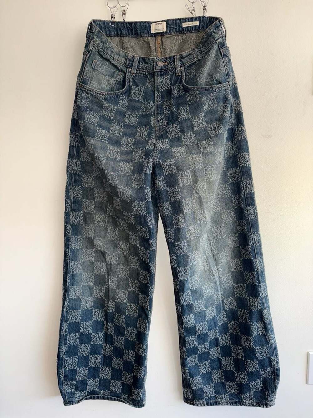 Cotton On Men's Super Baggy Balloon Jeans Checkered Blue Size 34